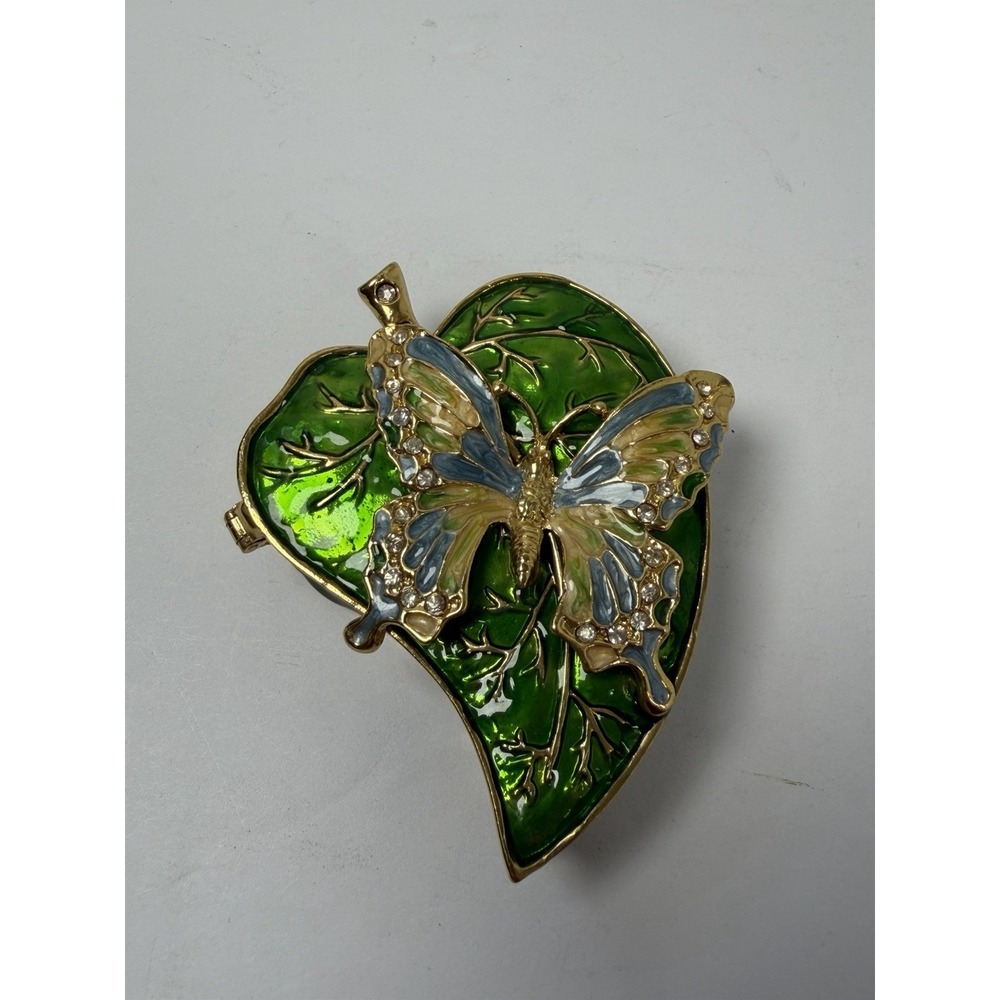Butterfly Enamel Trinket Box Green Yellow Insect Home Decor Hinged Lid